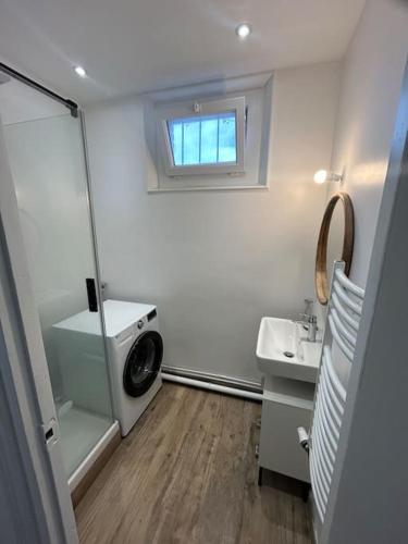a small bathroom with a sink and a washing machine at Nid douillet proche de Paris in Sarcelles
