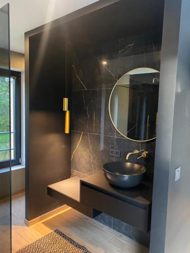 a bathroom with a sink and a mirror at La villa M in Sart-lez-Spa