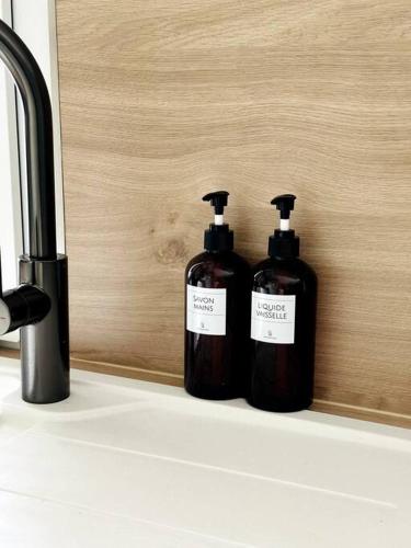 Deux bouteilles de savon sont disposées sur une étagère dans l'établissement Les Halles - Hypercentre, à Dijon