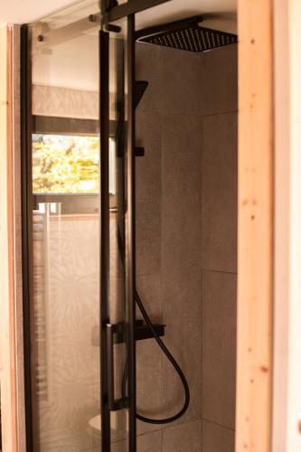 une douche dans une salle de bain avec une porte vitrée dans l'établissement Le coquillage, la clef des paons, à Luc-sur-Mer