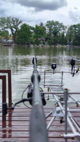a bike parked next to a body of water at Dunaparti vendégház in Ráckeve