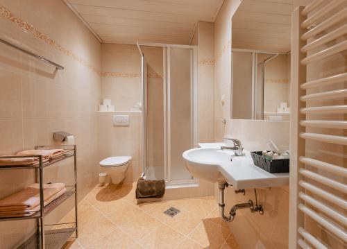 La salle de bains est pourvue d'un lavabo, d'une douche et de toilettes. dans l'établissement Postwirt, à Seeboden