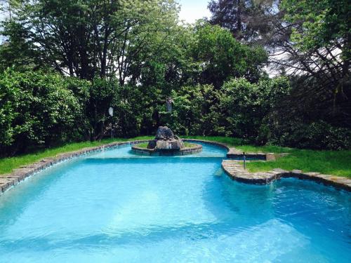 a pool with a fountain in the middle of a yard at Casa de Cabanelas in Bustelo