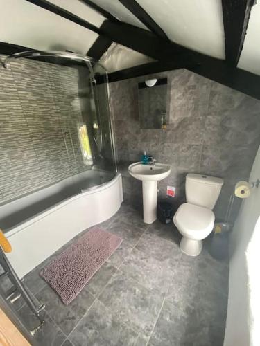 a bathroom with a tub and a toilet and a sink at Bumblebee Cottage in Redruth