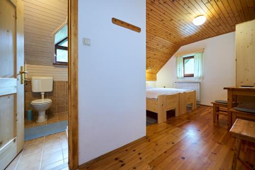a room with a bed and a toilet in a room at The farmhouse Bevsek Osep in Solčava