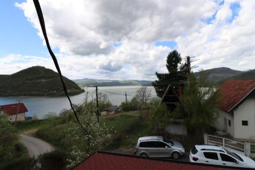 two cars parked on a road next to a lake at Vikendica Dunav i SAVA in Donji Milanovac