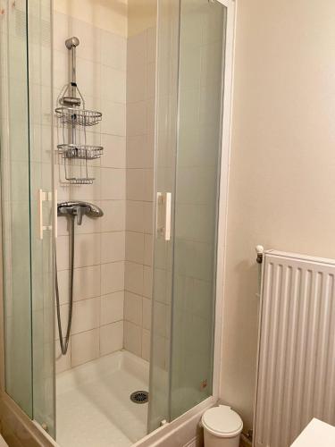 une salle de bain avec douche et toilettes dans l'établissement Le Beauparlant, 5 min grand marché, 10min gares et thermes, à Vichy