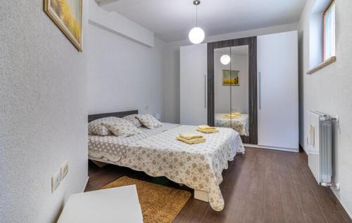 Un dormitorio blanco con una cama y un espejo. en Apartmani Antonio, en Motovun