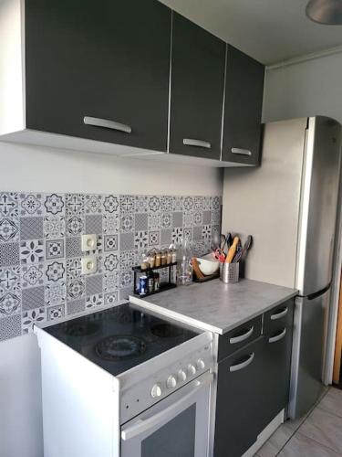 une cuisine avec une cuisinière et un réfrigérateur dans l'établissement Le clos des lilas - Vitry sur Seine, à Vitry-sur-Seine