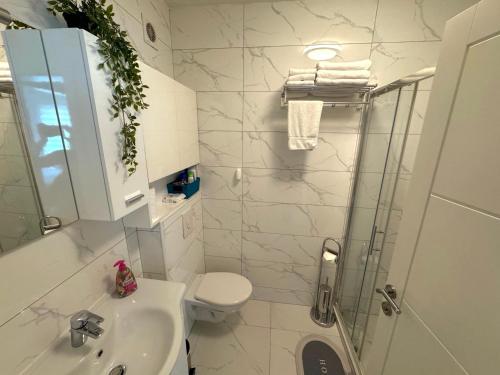 a bathroom with a toilet and a sink and a shower at Afrika Apartment in Brčko
