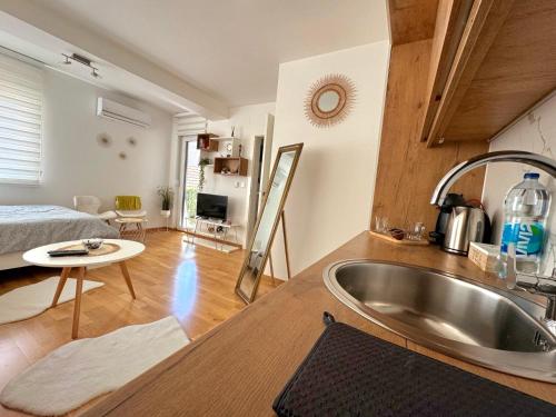 una cucina con lavandino e un soggiorno di Afrika Apartment a Brčko