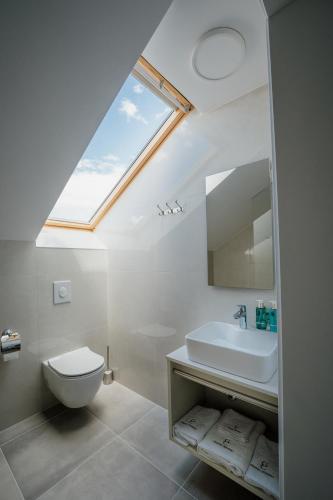a bathroom with a toilet and a sink with a skylight at GRAND CENTRAL LJUTOMER in Ljutomer