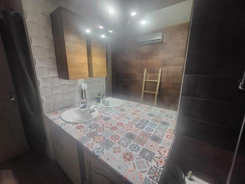 une salle de bain avec un lavabo et un miroir dans l'établissement Petit paradis du 66,Canet Roussillon, à Canet