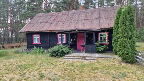 een klein zwart huis met een rode deur bij Sena Troba in Druskininkai