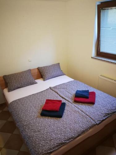 a bed with two red and blue pillows on it at Snoopy House in Žužemberk