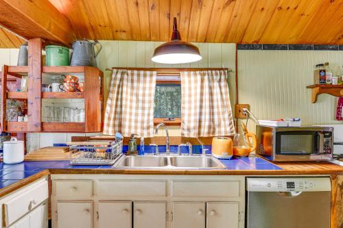 a kitchen with a sink and a microwave at Saranac Lake Cabin with Deck Pets Welcome! in Saranac Lake