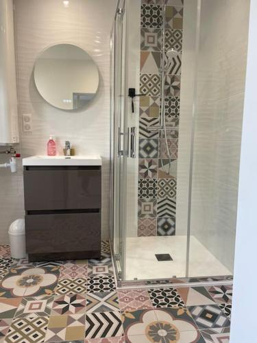 une salle de bain avec douche et lavabo dans l'établissement Appartement et parking Saintes, à Saintes