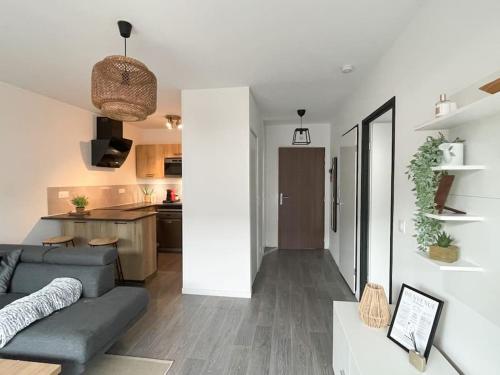 un salon avec un canapé et une cuisine dans l'établissement Loue avec Mickey, découvre Paris, à Gretz-Armainvilliers