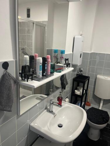 La salle de bains est pourvue d'un lavabo, d'un miroir et de toilettes. dans l'établissement Schönes Apartment mit Balkon Aggertalsperre, à Bergneustadt
