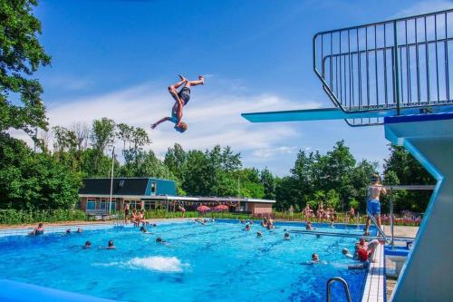 a group of people in a swimming pool at Uniek vakantiehuisje in rustige en groene omgeving in Nieuwe-Niedorp