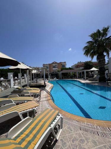 a swimming pool with chaise lounge chairs next to it at SunnySun Studios in Faliraki