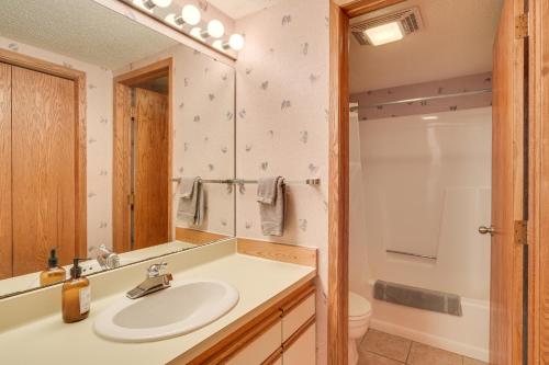 a bathroom with a sink and a toilet and a mirror at Cozy Alpine Escape Ski-InandOut at Lutsen Mtns in Lutsen