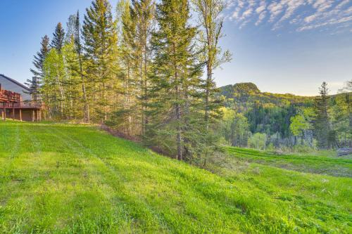 a field of green grass with trees and a house at Cozy Alpine Escape Ski-InandOut at Lutsen Mtns in Lutsen
