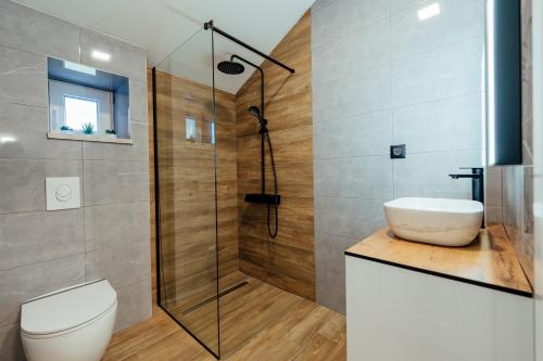 Un baño con ducha, inodoro y lavabo. en Holiday home Magic Sunset, en Imotski