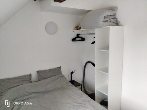 une chambre avec un lit et une étagère dans l'établissement Appartement familial proche château, à Rambouillet