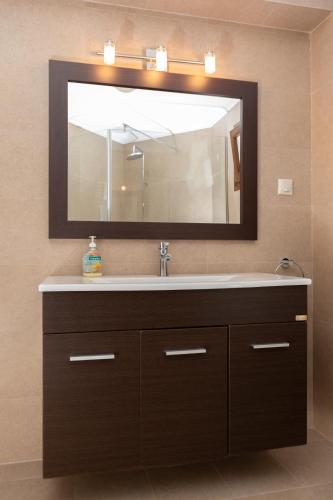 a bathroom with a sink and a mirror at ALKIS LUXURY VILLA IRAKLiTSA in Kavála