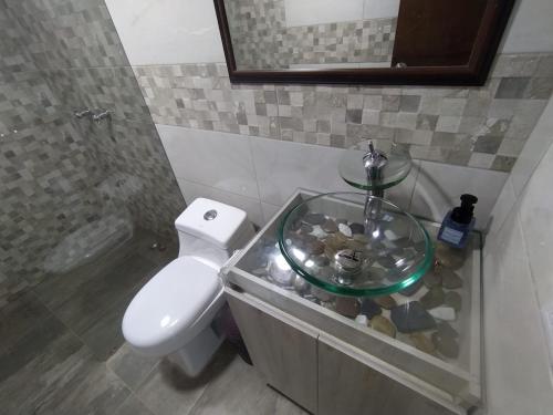 a bathroom with a toilet and a glass sink at Cabaña Estancia Primavera in Guatapé