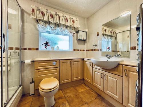 y baño con aseo, lavabo y espejo. en EEJs Cozy 2-Bedroom Apartment in Nailsea en Nailsea