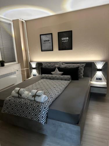 een slaapkamer met een bed met 2 kussens erop bij NOA Luxury Apartment in Bitola