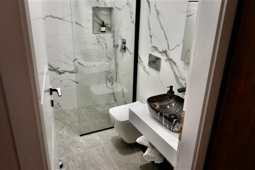 a bathroom with a shower and a toilet and a sink at Elona's Rooms in Krujë
