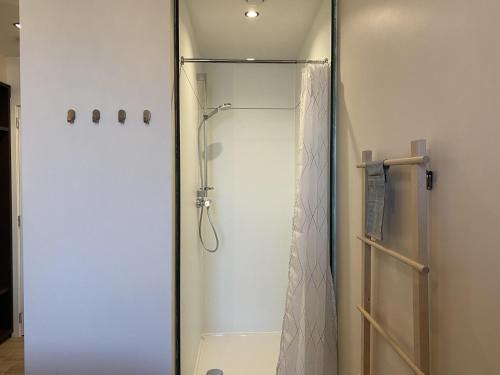 a shower with a glass door in a bathroom at Villa Mareon in Schorisse