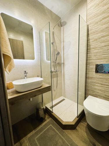 a bathroom with a shower and a sink and a toilet at The Stonehouse at the Harbor in Pythagoreio