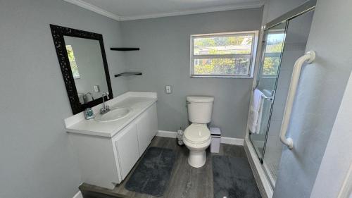 a bathroom with a toilet and a sink and a mirror at Davie Spring in Fort Lauderdale