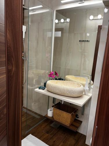 um banheiro com pia e box de vidro em Luksuzni stan u Starom Gradu em Saraievo