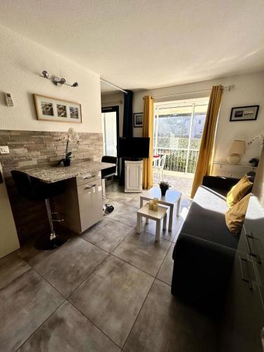 Il comprend un salon avec un canapé et une cuisine avec un piano. dans l'établissement Résidence Verdon - T3 climatisé dans domaine avec piscine proche de la mer MAE-3681, à Six-Fours-les-Plages