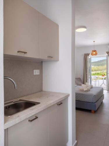 a kitchen with a sink and a living room with a bed at Amouage Studios in Kampos Paros