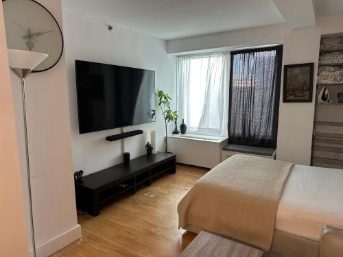 sypialnia z łóżkiem i telewizorem z płaskim ekranem w obiekcie Studio room w Nowym Jorku