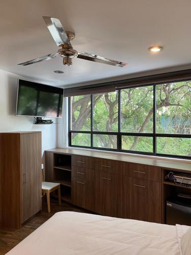 a bedroom with a bed with a ceiling fan and windows at Suites del Valle in Mexico City