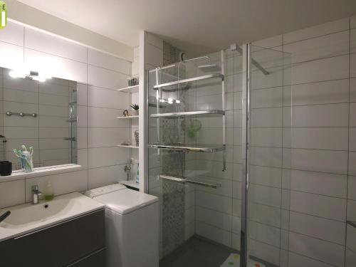 une salle de bain avec une douche, des toilettes et un lavabo dans l'établissement Appartement T3 au centre, 5 couchages, parking, plage à 70m - FR-1-364-108, à Saint-Brévin-les-Pins