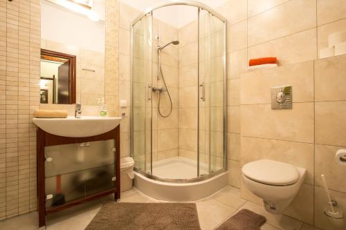 a bathroom with a shower and a toilet and a sink at Apartamenty Willa Radowid Zakopane in Zakopane