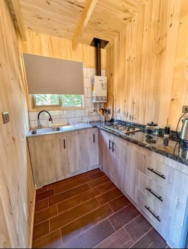 a kitchen with a sink and a counter top at Cabañas aires del sur in Panguipulli