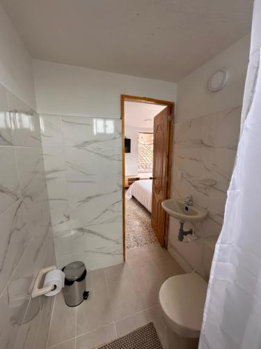 a bathroom with a toilet and a sink at Casa Blanca Hostal in Rionegro