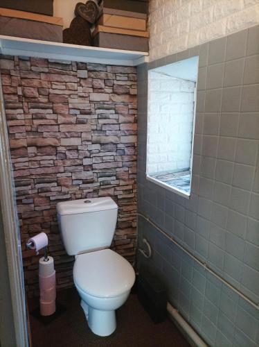 La salle de bains est pourvue de toilettes et d'un mur en pierre. dans l'établissement Pretty Ardche Apartment Completely Renovated, à Ruoms