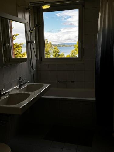 baño con lavabo y ventana en Ferienhaus BMB mit Blick auf den Bodensee und Konstanz en Bottighofen