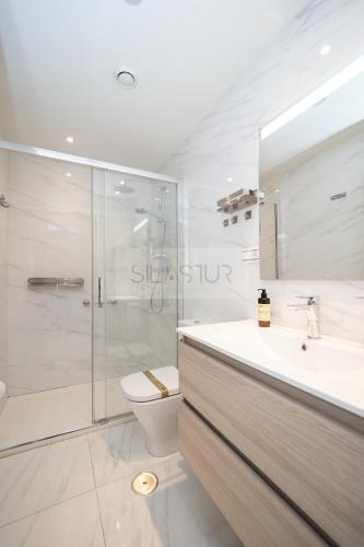 a bathroom with a shower and a toilet and a sink at Le Petit Apartamento in Gijón