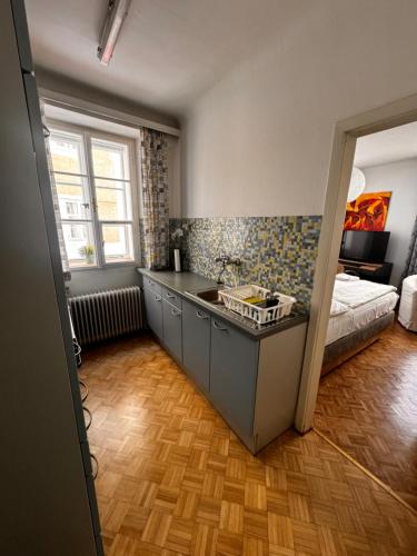 Guesthouse Mozart - Apartment House في سالزبورغ: مطبخ مع مغسلة وسرير في غرفة